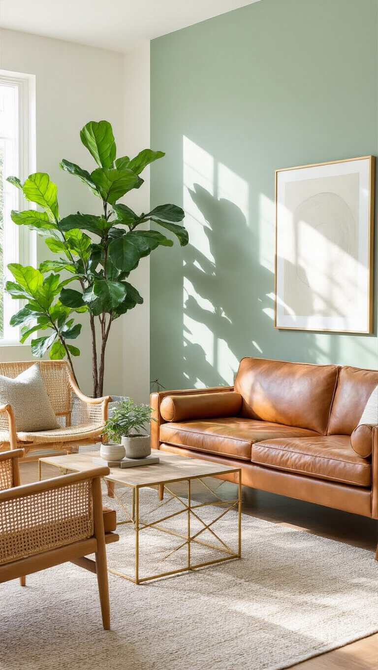 Mid-century modern open-concept living room with cognac leather sofa, rattan chair, sage green accent wall, brass coffee table, and afternoon light casting shadows through fiddle leaf fig trees.