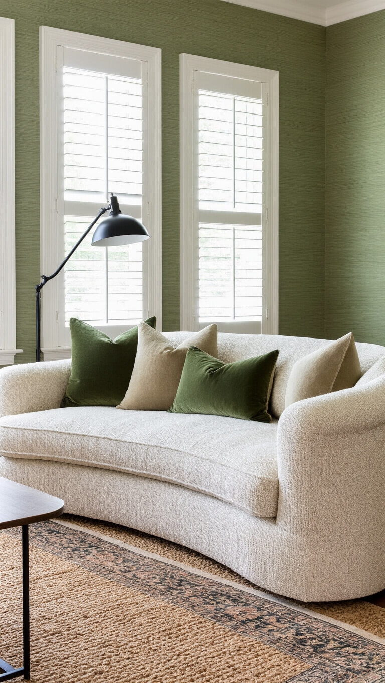 Textural sage green living room with cream curved bouclé sofa, velvet and linen pillows, jute rug, and overcast light filtering through plantation shutters.