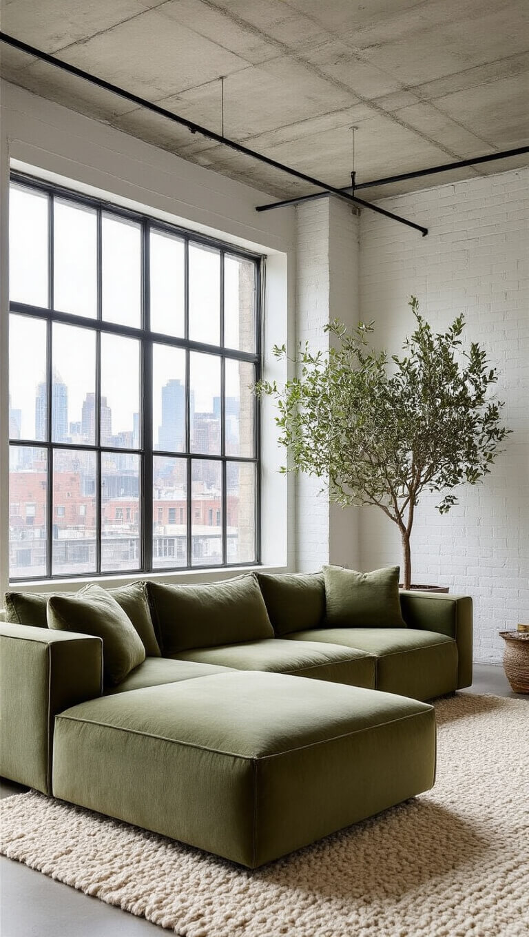Loft-style living room with sage green velvet sectional, white brick walls, cream wool rug, olive tree in ceramic planter, and floor-to-ceiling windows showcasing city views.