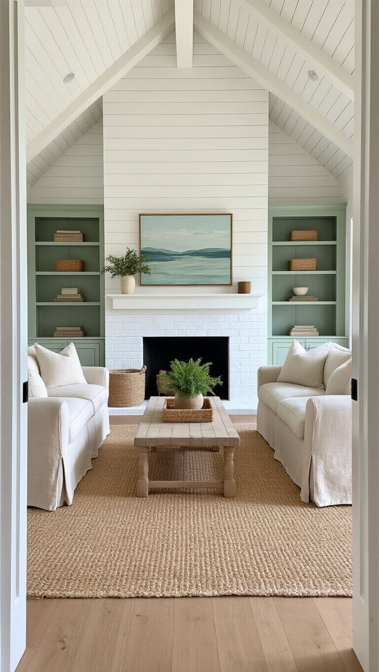 Bright beach house living room with vaulted ceiling, sage green built-ins framing white brick fireplace, beige linen sofas, and layered natural fiber rugs.