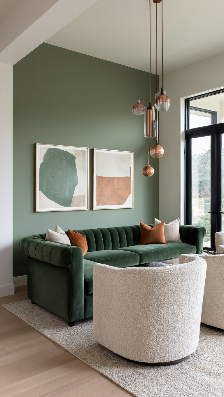 Modern 20x22ft living room with sage and warm white color-blocked walls, dramatic pendant lighting, deep sage velvet sofa, boucle swivel chairs, abstract art in sage, copper, and cream, and black-framed windows.