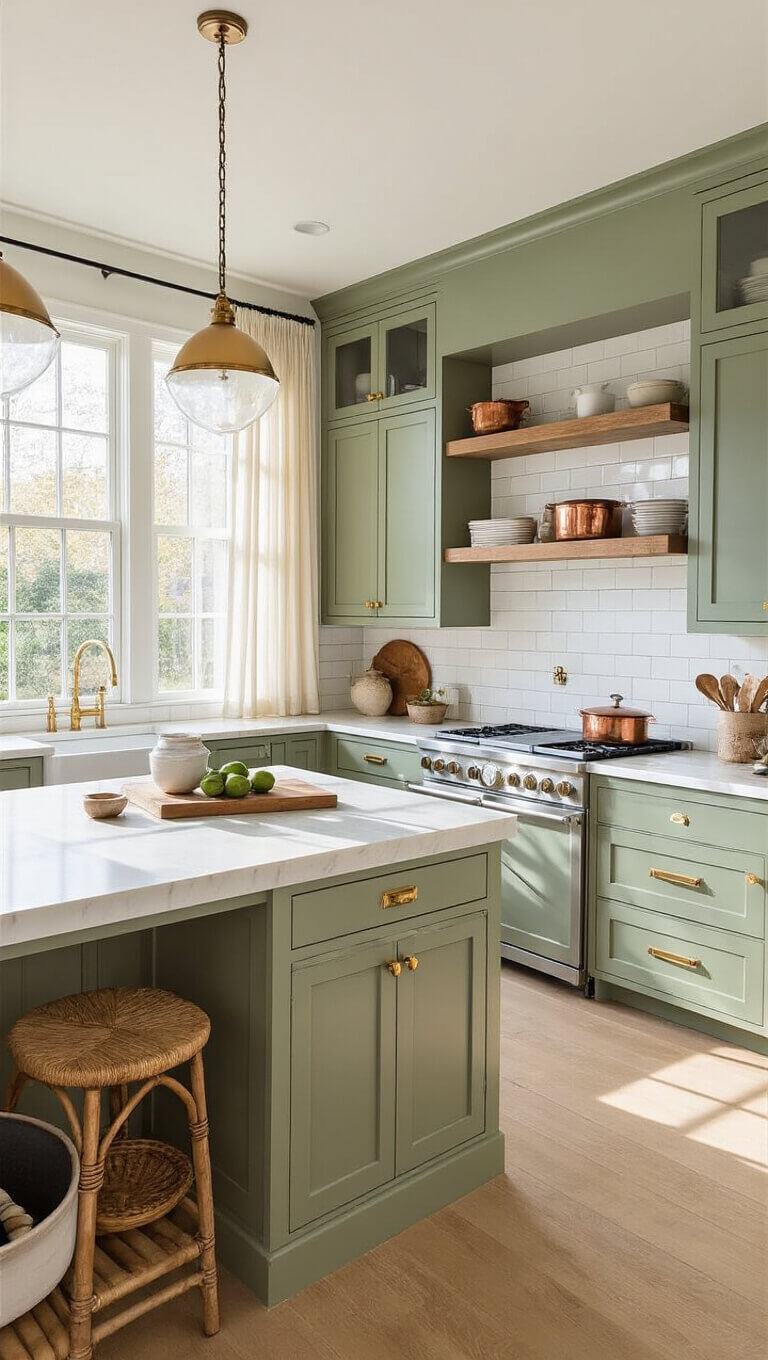 Modern farmhouse kitchen with sage green cabinets, butcher block island, and oak floors bathed in soft morning sunlight.
