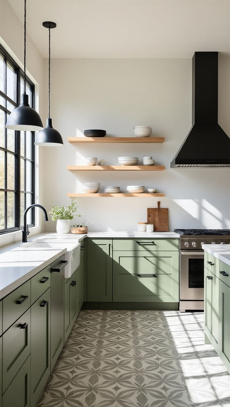 Scandinavian-style kitchen with sage green lower cabinets, white uppers, concrete countertops, and geometric gray tile floor in late afternoon light.