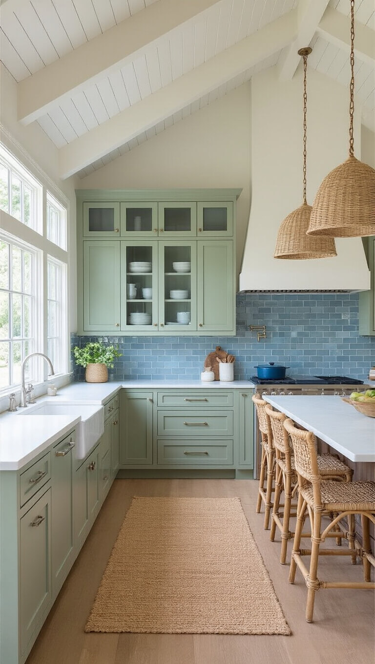 Coastal-style kitchen with vaulted ceiling, sage green shaker cabinets, white quartz countertops, rattan lighting, and ocean-toned backsplash in bright, airy light.