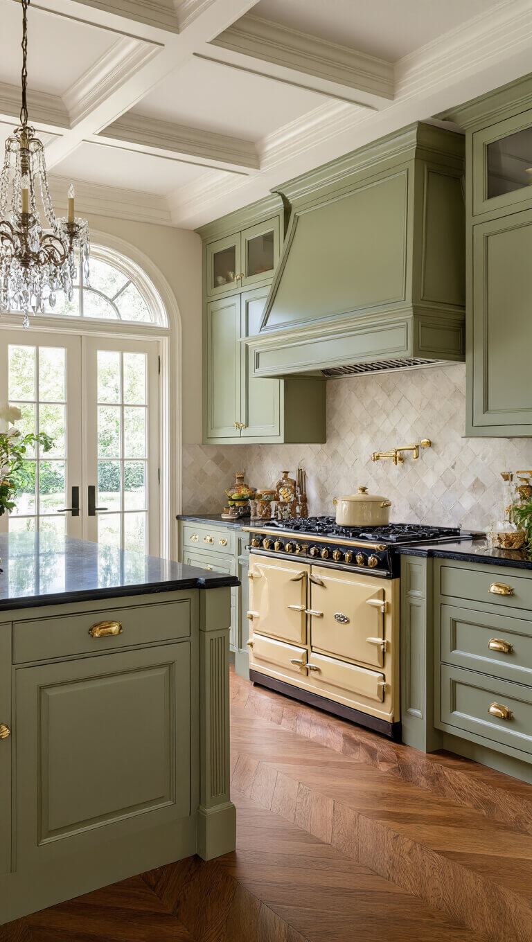 Elegant traditional kitchen with sage green cabinets, cream Aga range, coffered ceiling, and cherry wood floors, lit by golden hour sunlight through French doors.