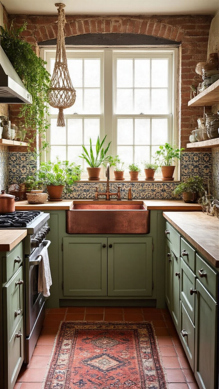 Eclectic bohemian kitchen with exposed brick wall, sage green distressed cabinets, copper sink, butcher block counters, Moroccan tile backsplash, and filtered morning light through window plants.
