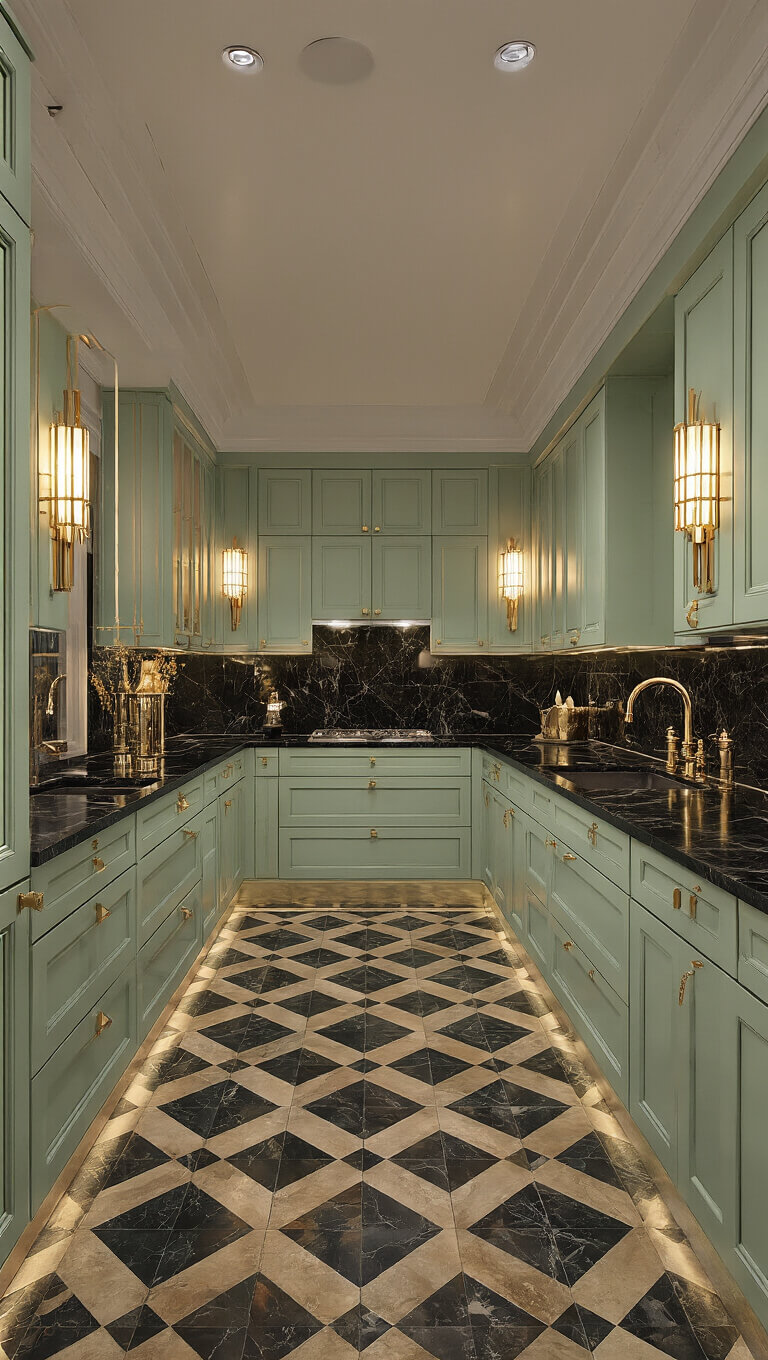 Art Deco kitchen with sage green cabinets, brass inlays, black marble countertops, mirrored backsplash, fan-pattern tile floor, and dramatic evening lighting.