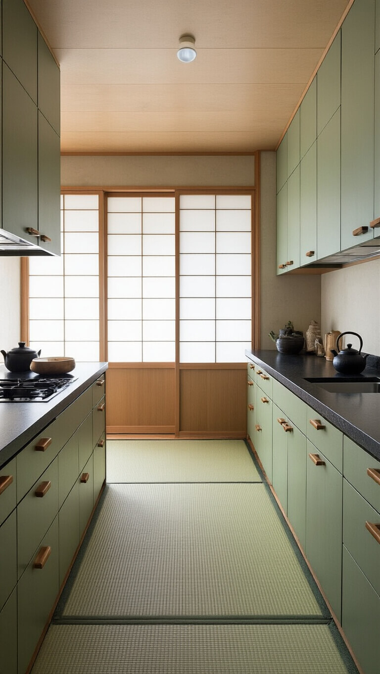 Japanese-inspired kitchen with sage green cabinets, black granite counters, shoji screen doors, bamboo accents, textured plaster walls, tatami mat, and cast iron teapots, bathed in soft morning light.