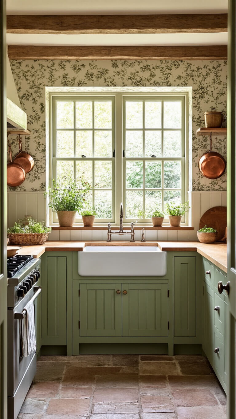 Cozy English cottage kitchen with sage green cabinets, butcher block island, beamed ceiling, and afternoon light through garden window.