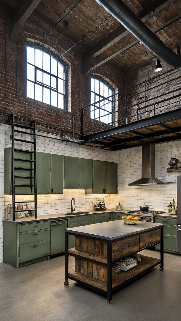 Industrial loft kitchen with sage green metal cabinets, zinc countertops, exposed ductwork, and dramatic side lighting through warehouse windows.