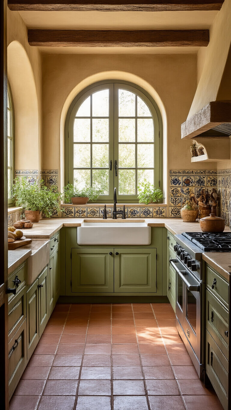 Mediterranean kitchen with sage green cabinets, terracotta floor tiles, hand-painted tiles, limestone counters, arched doorways, rustic wooden beams, and warm golden hour light.