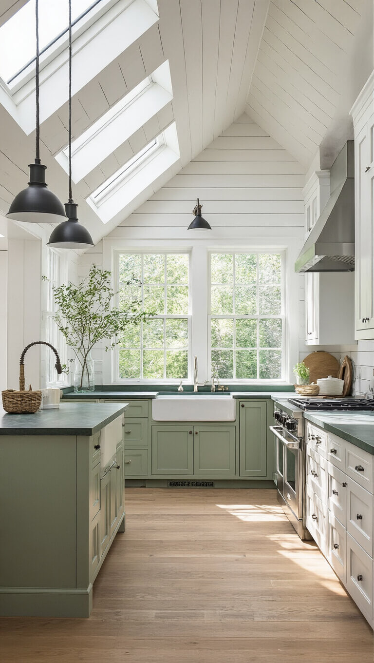Contemporary farmhouse kitchen with sage green and white cabinets, soapstone counters, shiplap walls, Windsor chairs, industrial pendants, and skylight-lit pine floors.