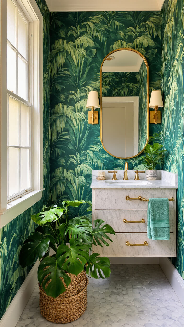 Compact 5x7ft powder room with tropical palm leaf wallpaper, marble floating vanity with brass fixtures, oval brass mirror flanked by warm LED sconces, frosted window streaming golden sunlight, and styled with monstera plant, rattan wastebasket, and sage green Turkish towels.