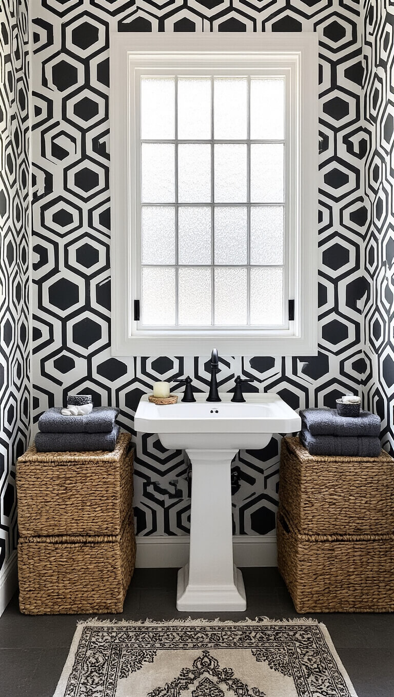 Small guest bathroom with bold black and white hexagon wallpaper, matte black fixtures, white pedestal sink, seagrass baskets, charcoal towels, and vintage gray Persian runner, lit by morning light through textured window.
