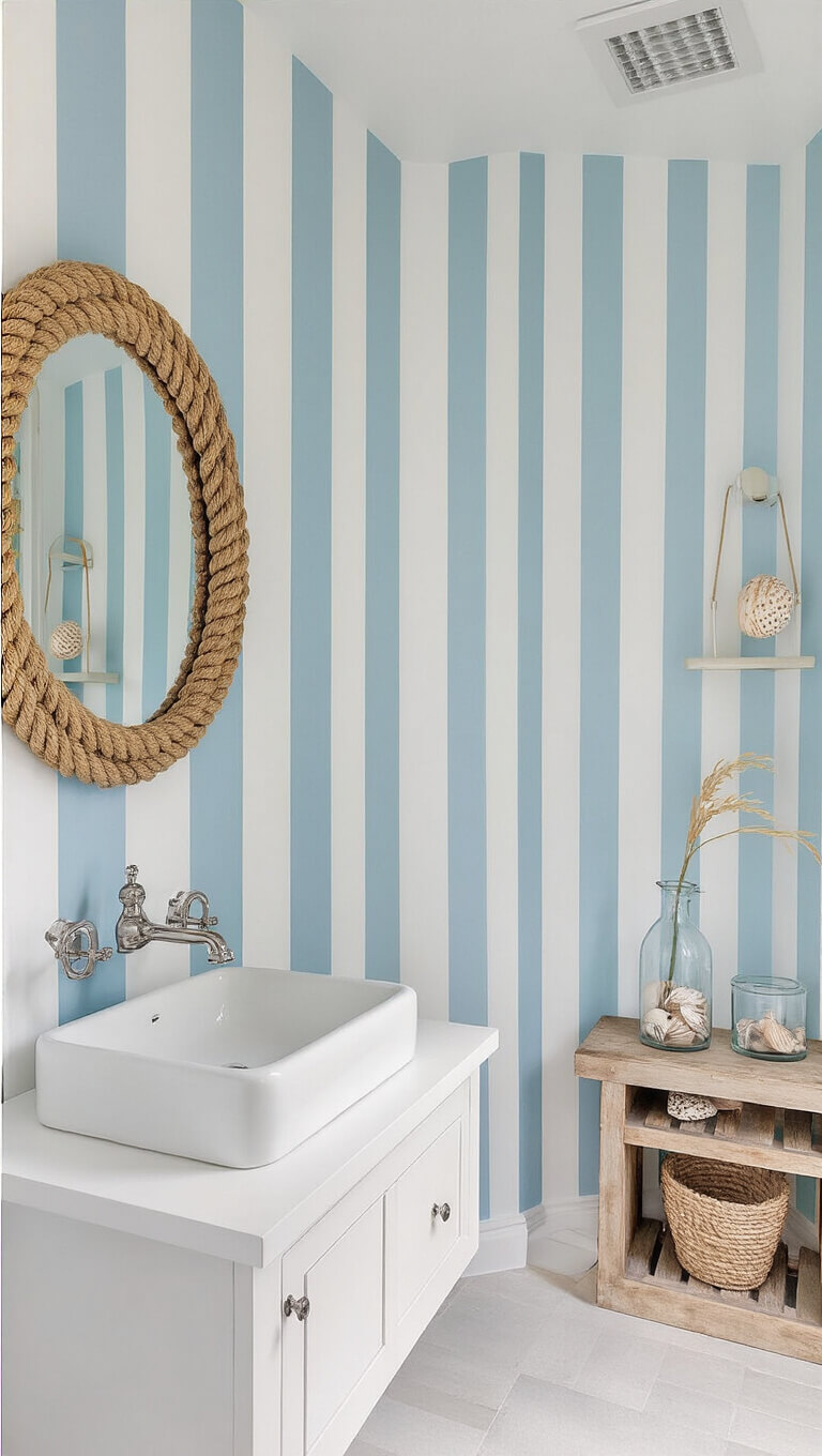 Coastal-themed 5x6ft powder room with blue and white nautical stripe wallpaper, corner vessel sink, rope mirror, weathered wood shelves, and seashell decor.