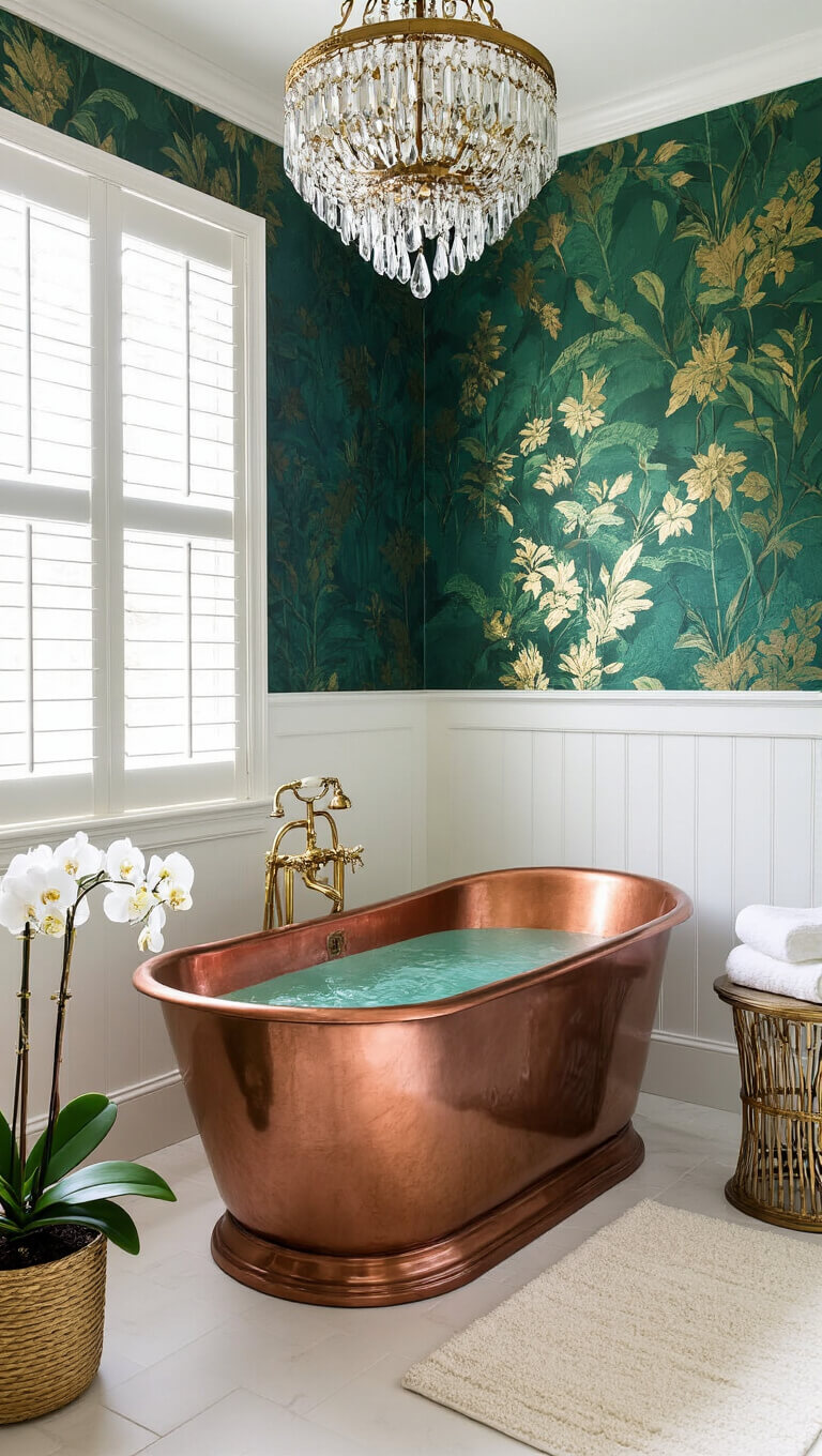 Luxurious emerald and gold botanical bathroom with copper tub, chandelier, and golden hour lighting.