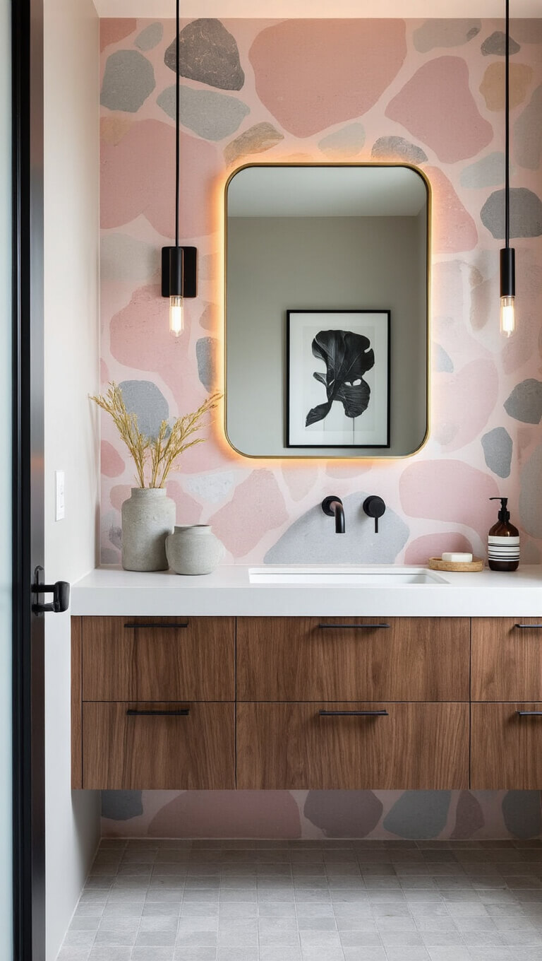 Modern small bathroom with terrazzo-pattern accent wall, floating walnut vanity, matte black fixtures, and minimalist decor.