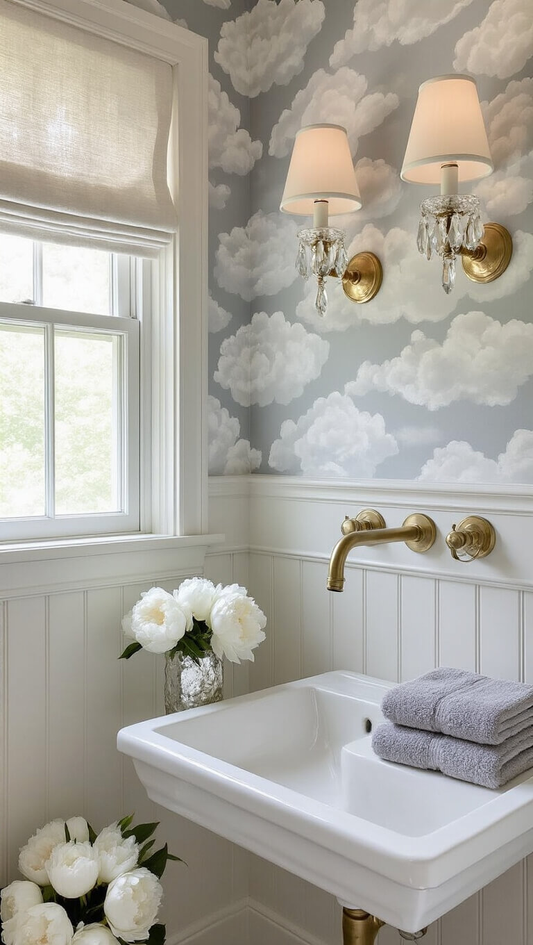 Whimsical 4x6ft powder room with cloud wallpaper, brass wall-mounted faucet, porcelain sink, crystal sconces, vintage accessories, and soft natural light.
