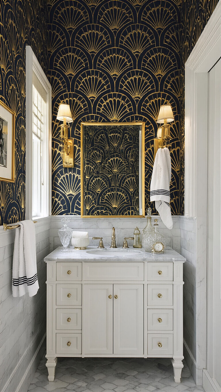 Elegant 5x8ft Art Deco bathroom with navy and gold fan-pattern wallpaper, marble wainscoting, pedestal sink, gilt-framed mirror, and vintage styling accents.