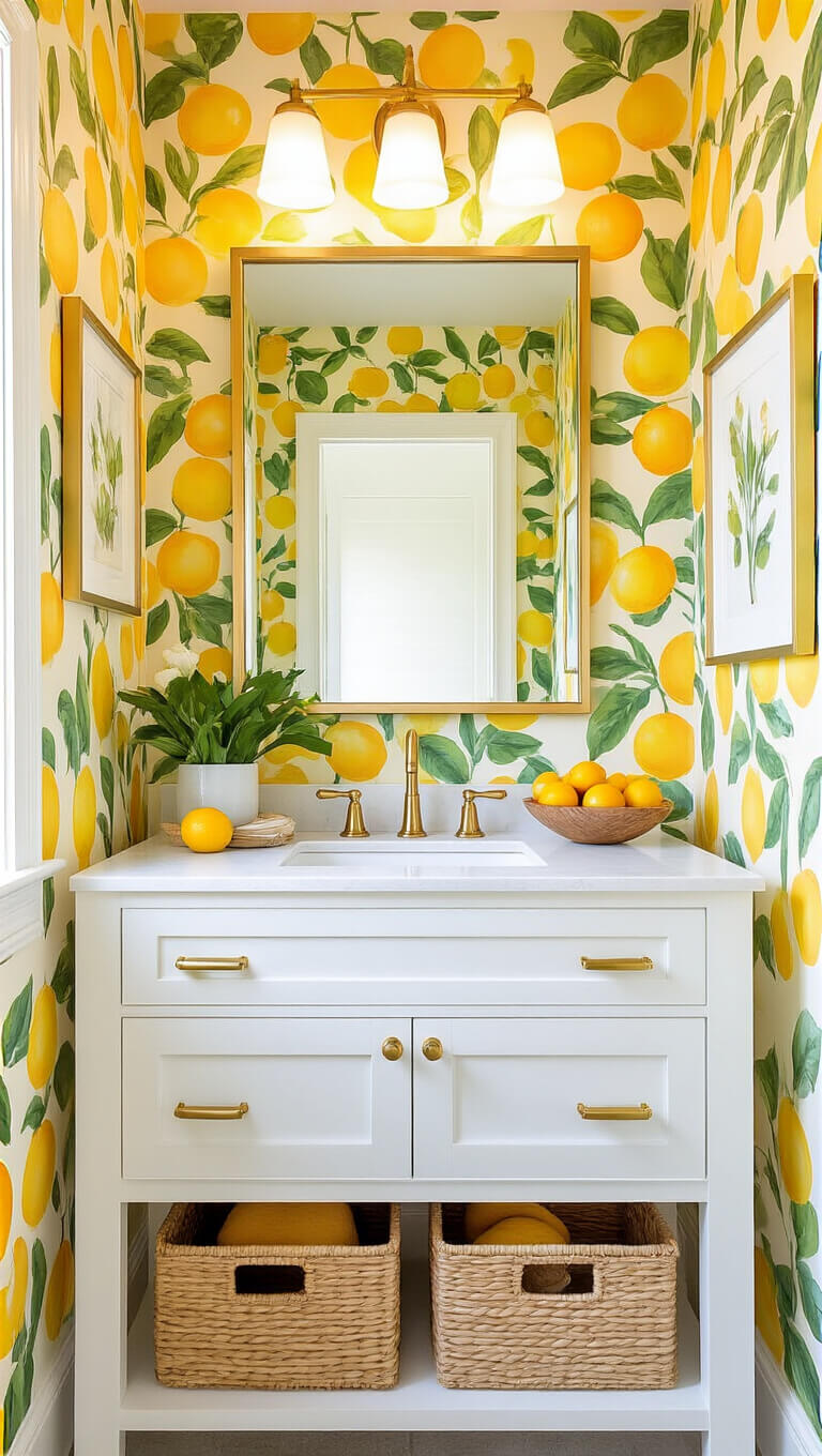 Cheerful powder room with citrus wallpaper, floating white quartz vanity, champagne bronze fixtures, and natural light enhanced by LED lighting.