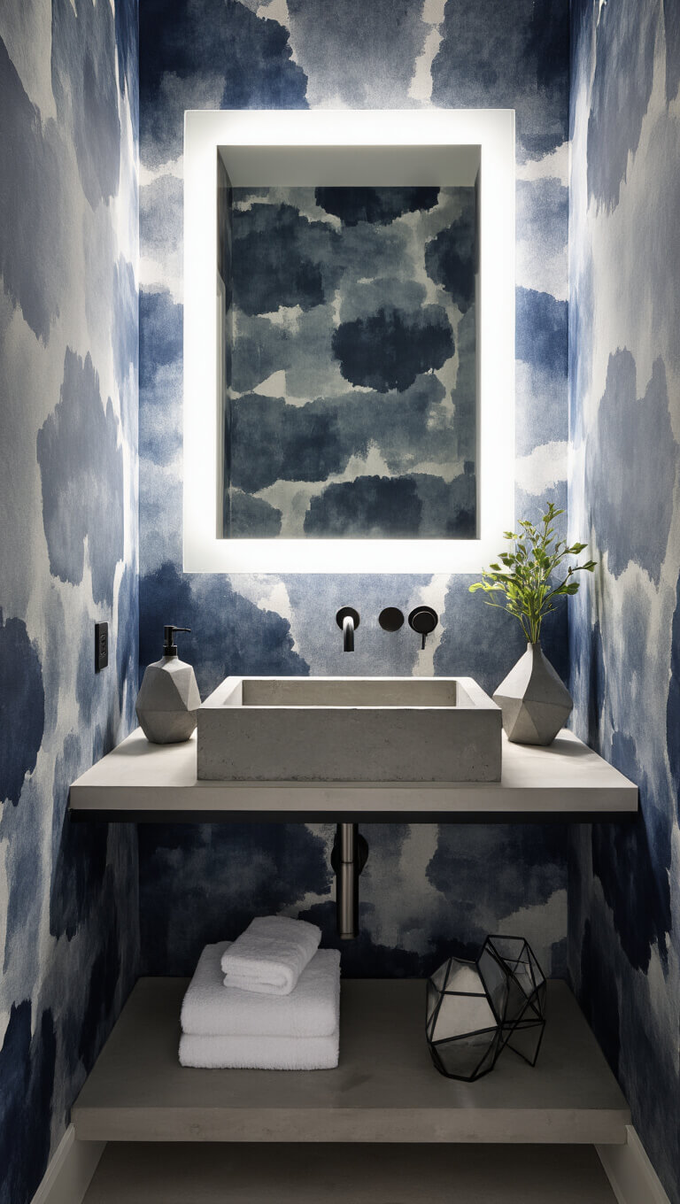 Modern 5x7 ft powder room with abstract indigo-gray watercolor wallpaper, concrete sink, brushed steel fixtures, LED backlit mirror, and minimalist decor in late afternoon light.