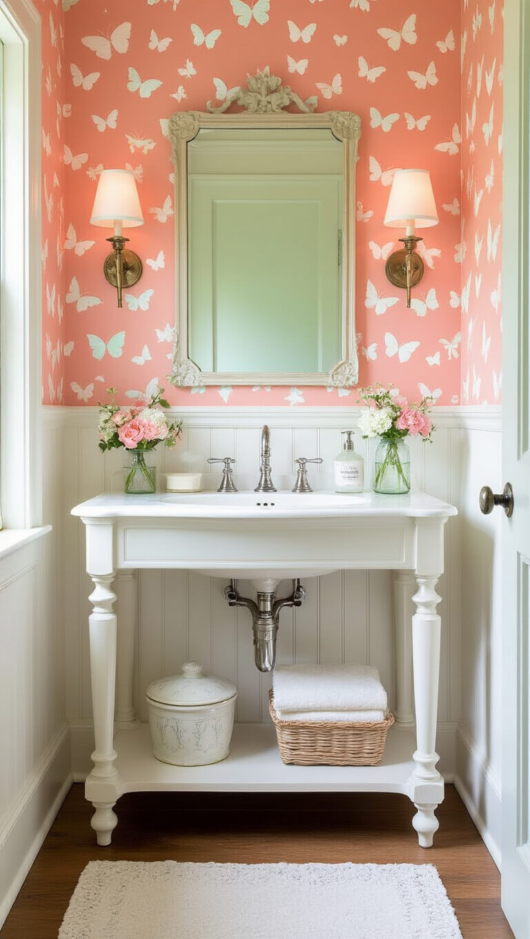 Charming small bathroom with butterfly wallpaper, vintage console sink, and soft morning light through milk glass sconces.