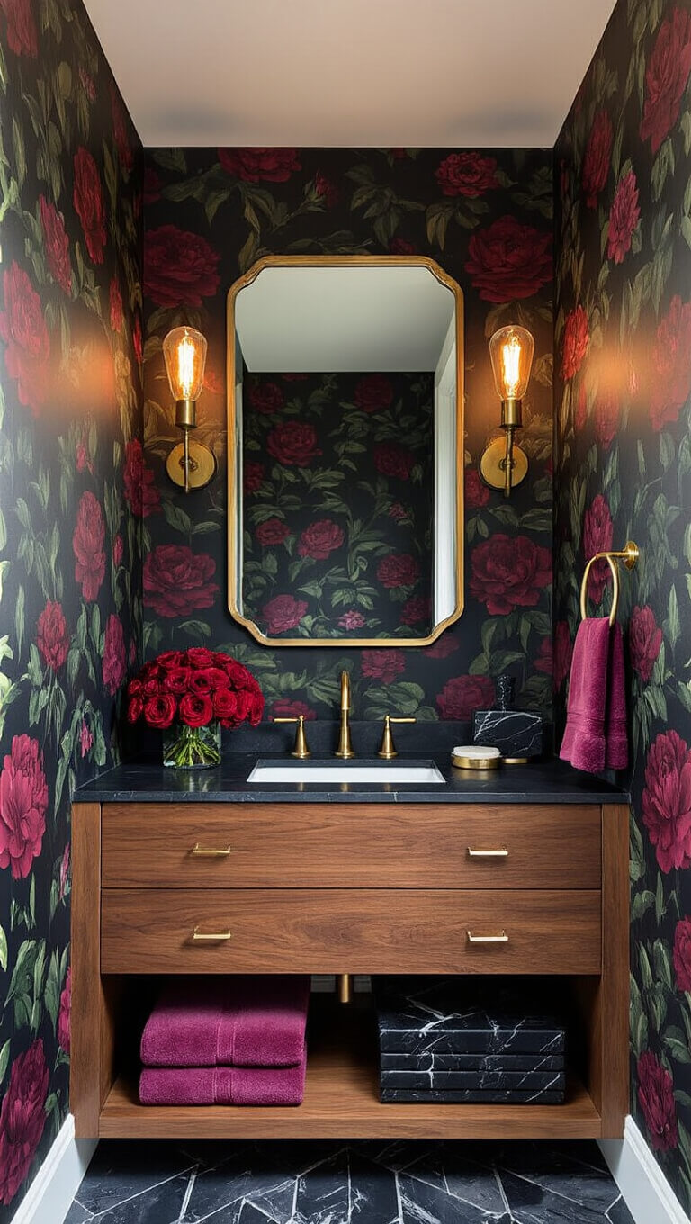 Moody 5x8ft powder room with dark floral wallpaper, walnut floating vanity, Edison bulb sconces, and vintage-inspired décor.