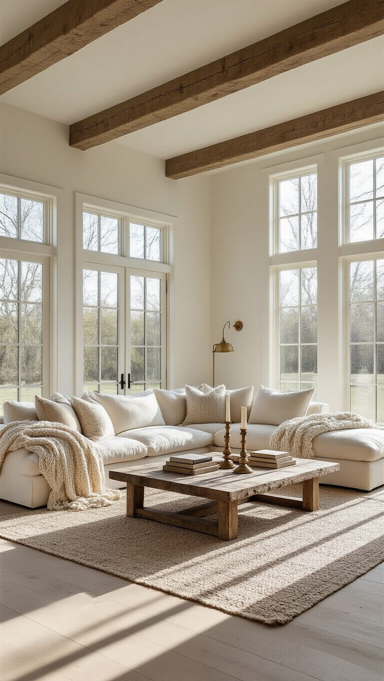 Cozy sunlit living room with cream sectional, wooden beams, and rustic decor in soft neutral tones.