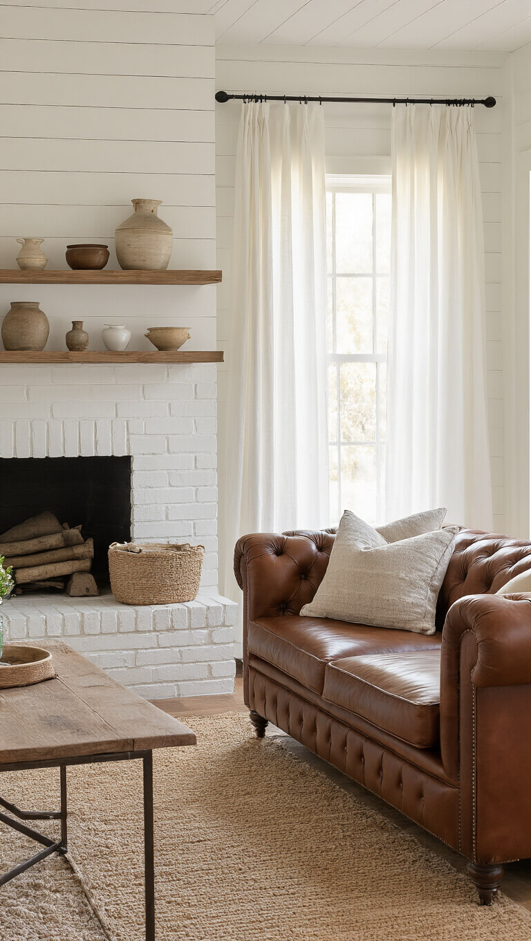 Modern farmhouse sitting area with a cognac leather Chesterfield sofa facing a whitewashed brick fireplace, bathed in golden hour light through sheer curtains.