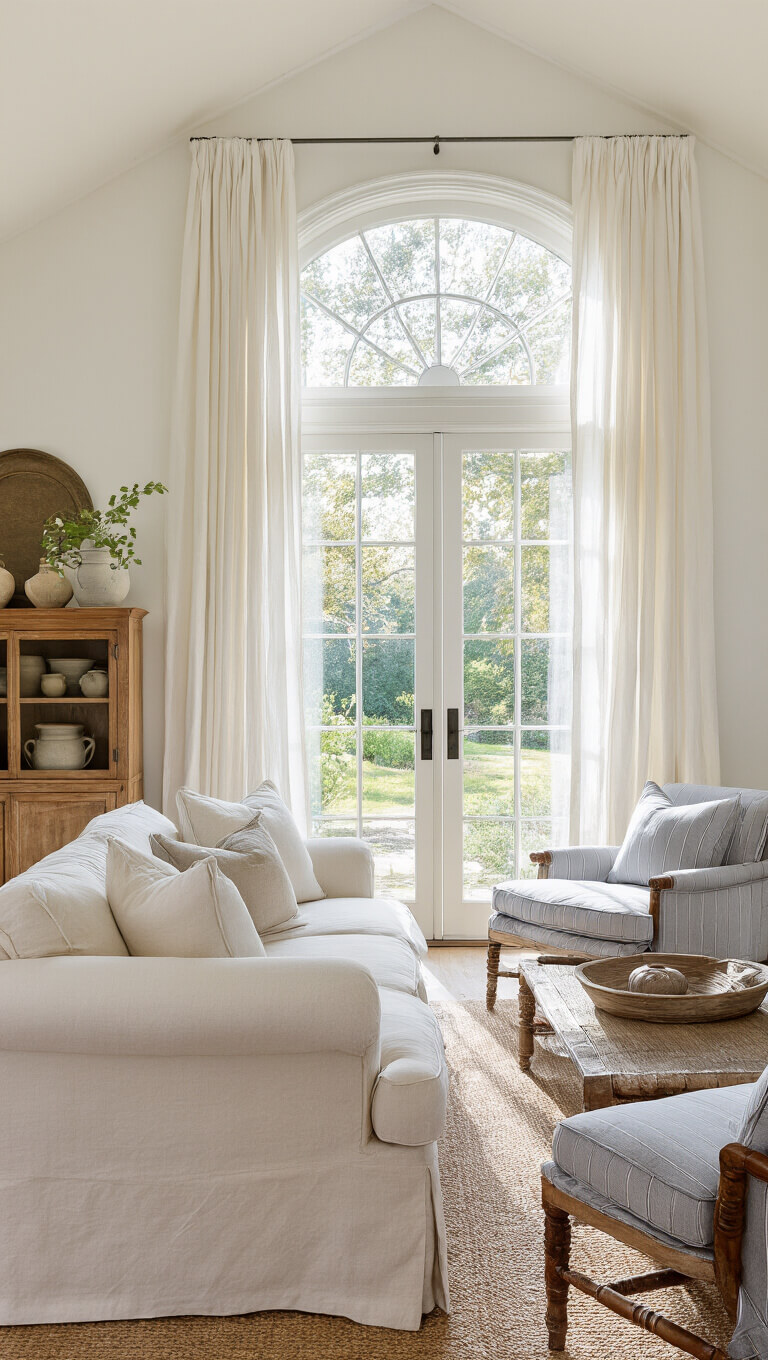 Airy family room with cream sofa and striped chairs, open French doors revealing garden, soft afternoon light and natural decor.