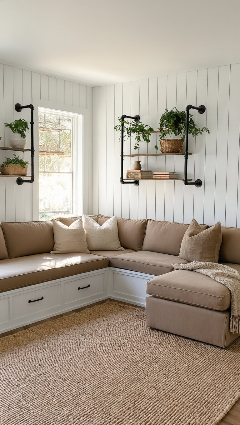 Sunlit 16x20ft sitting room with white board and batten walls, mushroom-toned sectional, window seat with storage, and black pipe shelving holding plants and books.