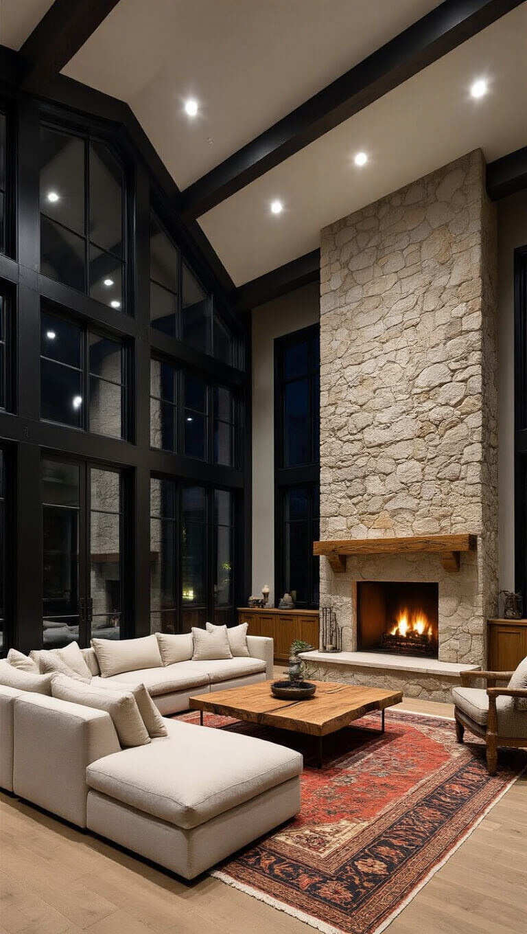 Dramatic nighttime great room with double-height black-framed windows, linen sectional, stone fireplace, vintage rug, and ambient lighting viewed from mezzanine.