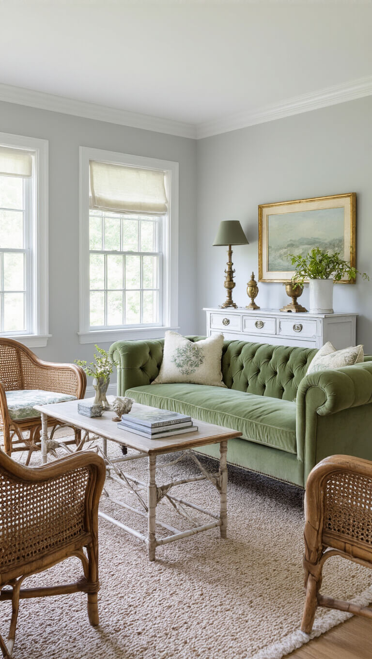 Charming 15x18ft parlor with sage green tufted velvet sofa, vintage rattan chairs, and white crown molding against pale grey walls, lit by bright midmorning light.