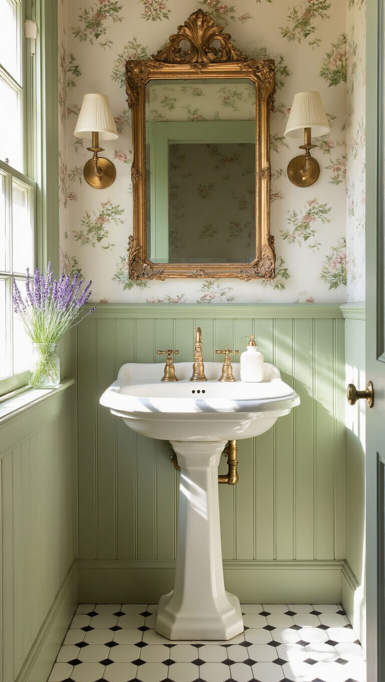 Vintage 6x8ft bathroom with pedestal sink, gilt mirror, sage beadboard, floral wallpaper, hex tile floor, and morning light through frosted window.