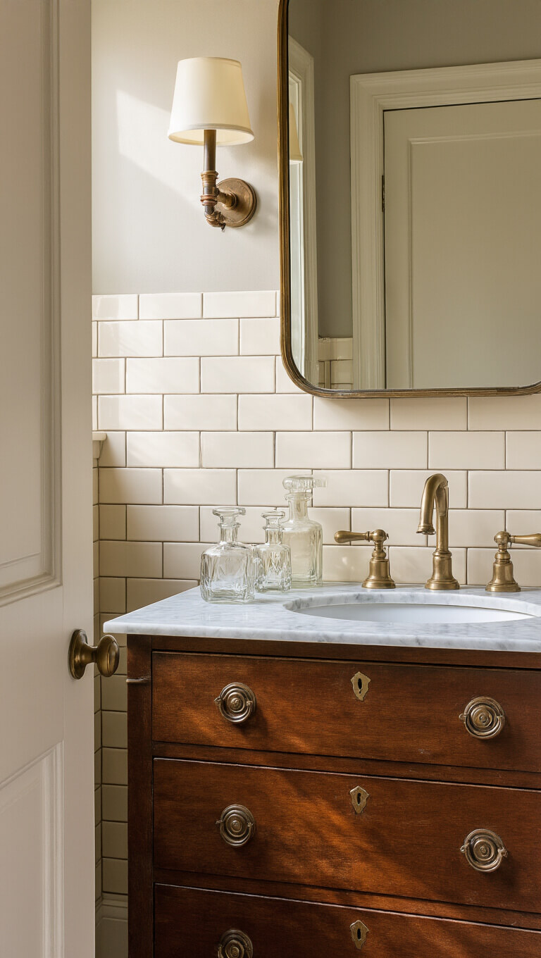 Vintage-style 5x6 ft powder room with cream subway tiles, Revere Pewter walls, mahogany vanity with Carrara marble, brass fixtures, and art deco mirror reflecting golden hour light.