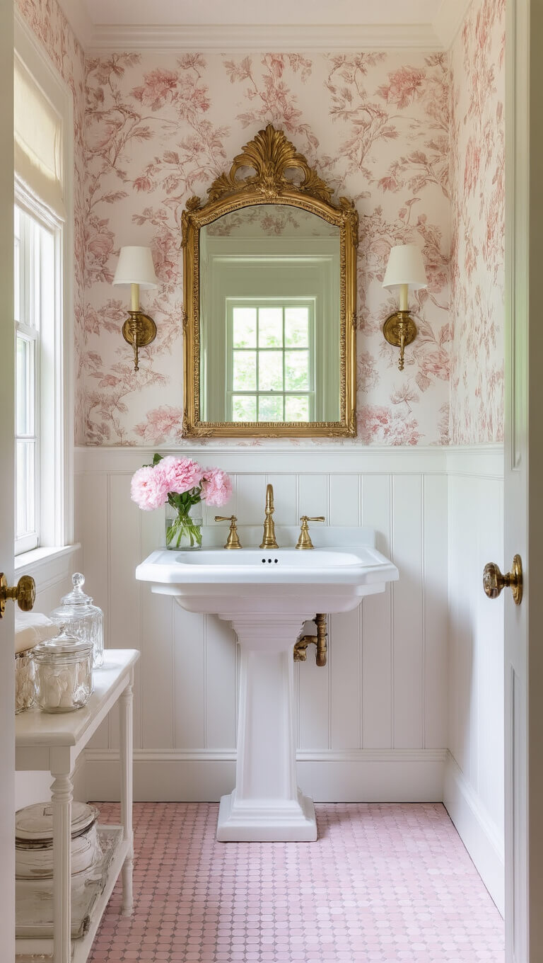 Blush pink and white vintage guest bathroom with restored 1920s penny tile floor, pedestal sink, gilded mirror, botanical wallpaper, crystal sconces, and styled marble shelf.