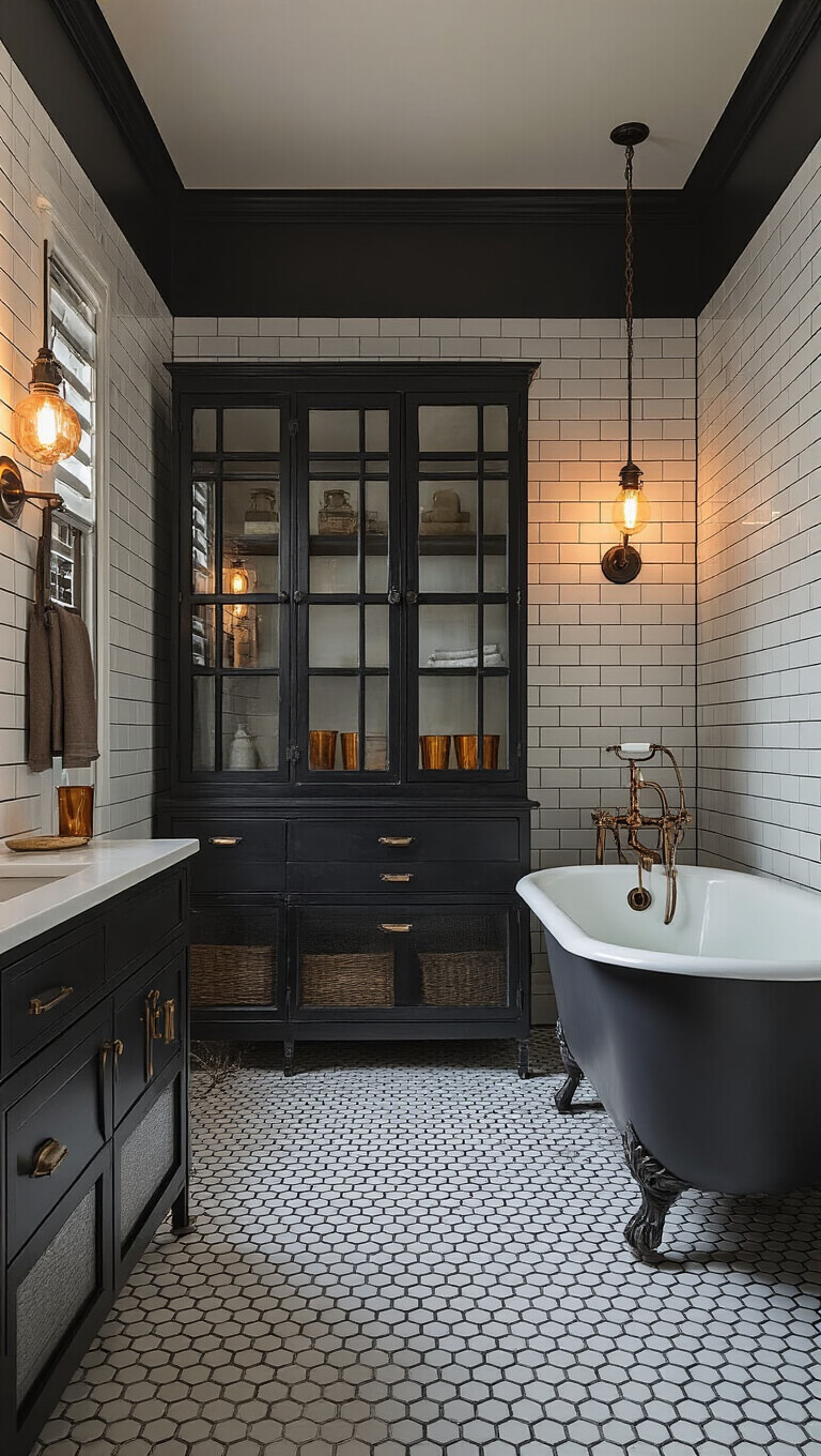 Vintage-style 5x8ft bathroom at dusk with claw-foot tub, matte black hex floor tiles, white subway tile walls, copper fixtures, and Edison bulb lighting.