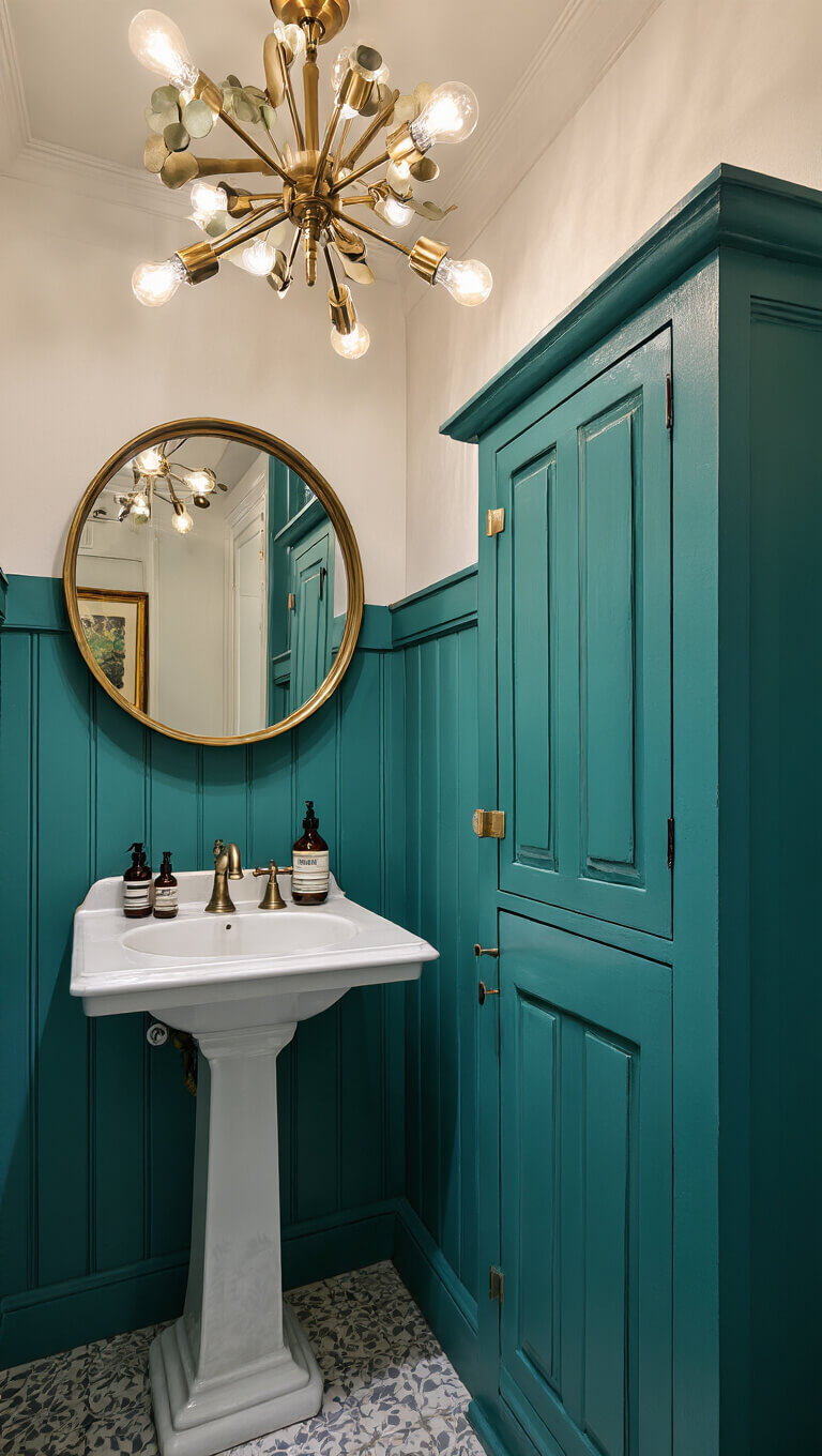 Low-angle view of a small 6x6ft powder room with teal beadboard, white upper walls, antique brass sputnik chandelier, corner pedestal sink, round brass mirror, and vintage decor elements.