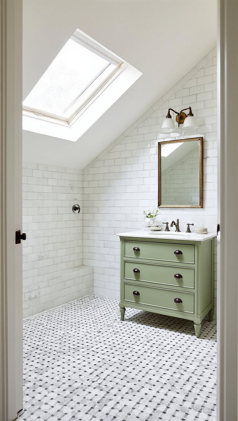 Vintage-style airy bathroom with skylight, marble basketweave floor, sage green vanity, beveled subway tile walls, and mercury glass accents.