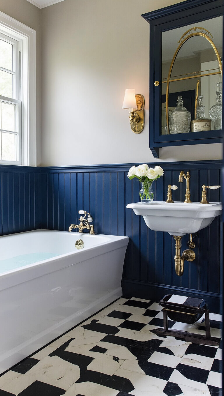Moody 7x7ft navy beadboard bathroom with 1930s pedestal sink, brass mirror, checkerboard tiles, glass cabinet of vintage apothecary, and art deco sconces.