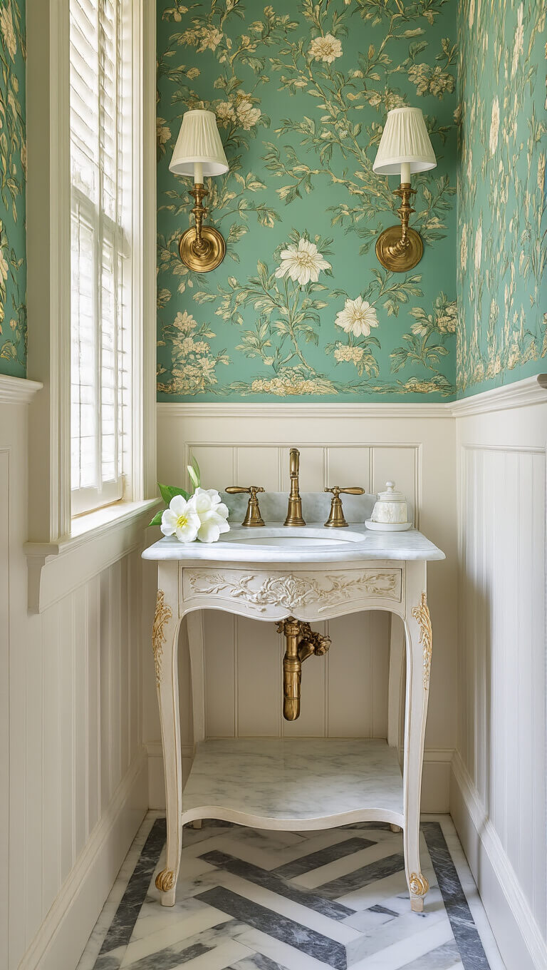 Charming 5x7ft powder room with jade green and gold chinoiserie wallpaper, Victorian marble-top washstand, antique brass fixtures, herringbone marble floor, and morning light through cafe curtains.