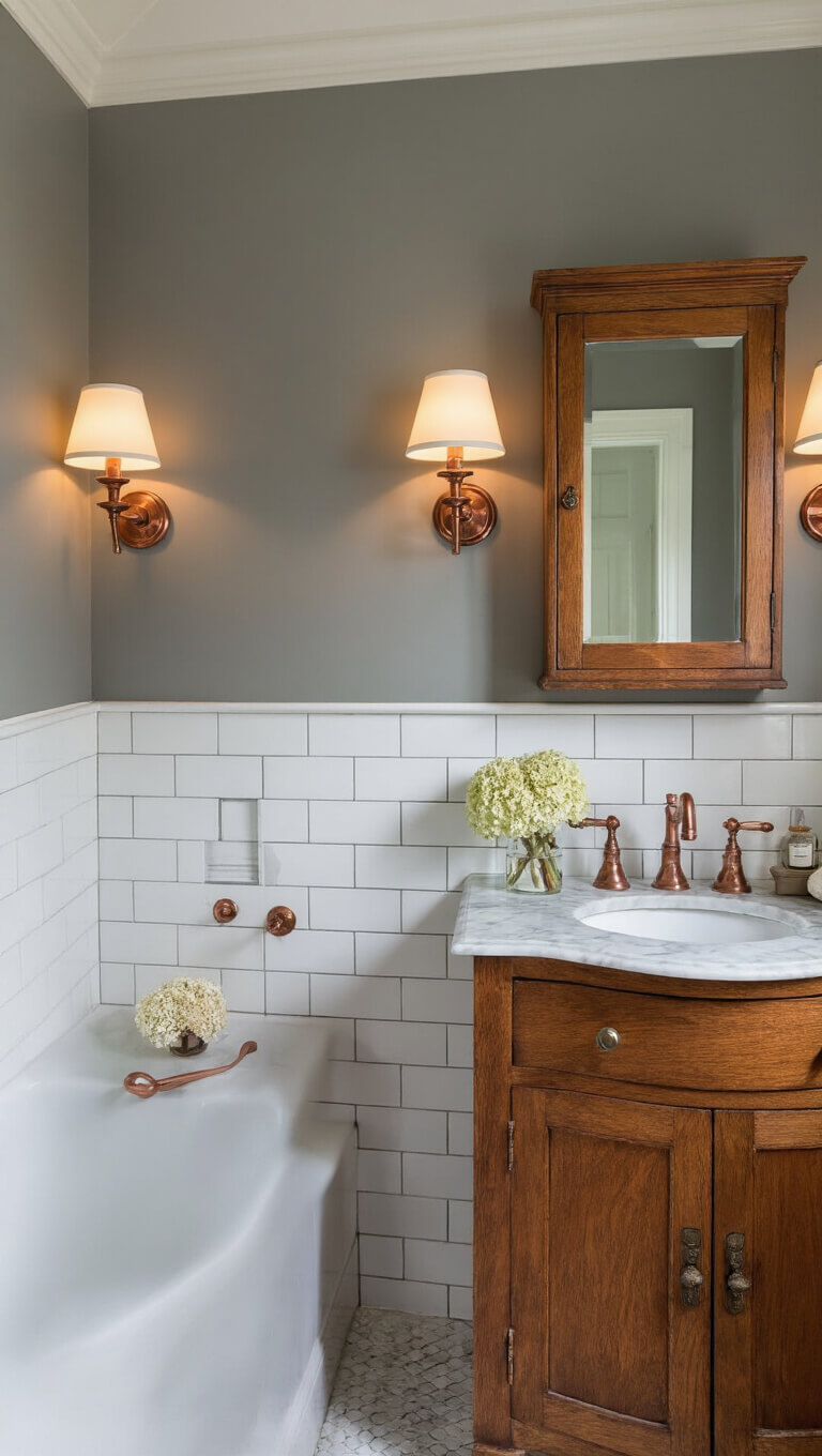Cozy 6x6ft bathroom with warm gray walls, white subway tile wainscoting, vintage oak vanity with marble top and copper sink, 1920s medicine cabinet, milk glass sconces, and antique copper accents.