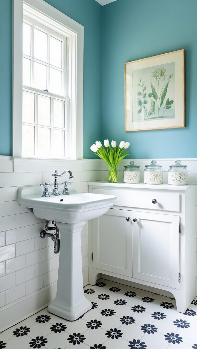 Bright 7x8ft bathroom with robin's egg blue walls, white trim, vintage pedestal sink, penny tile floor, built-in linen cabinet, and morning light through privacy window.