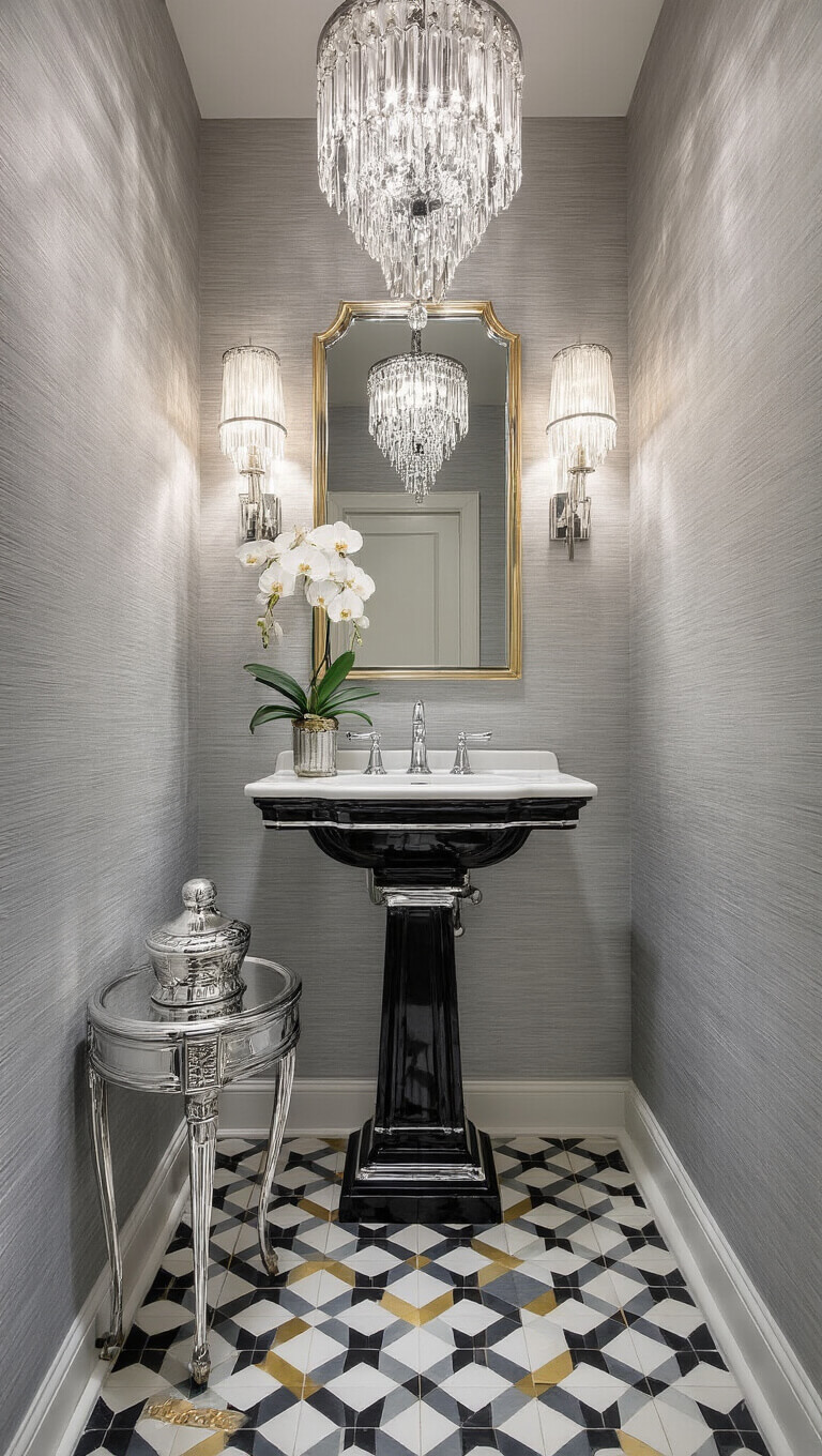 Elegant powder room with silvery gray grasscloth walls, black Art Deco pedestal sink, geometric gray-white-gold floor tiles, crystal chandelier, and vintage silver vanity accessories.