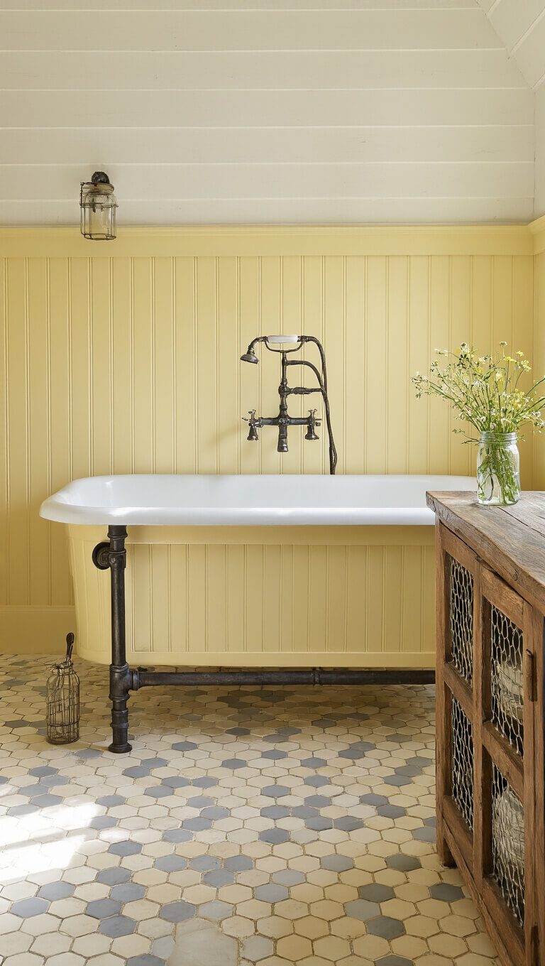Sunny vintage-style 8x6ft bathroom with butter yellow beadboard, farmhouse sink on pipe base, hex tile floor, built-in cabinet with chicken wire, and wildflower decor in natural morning light.