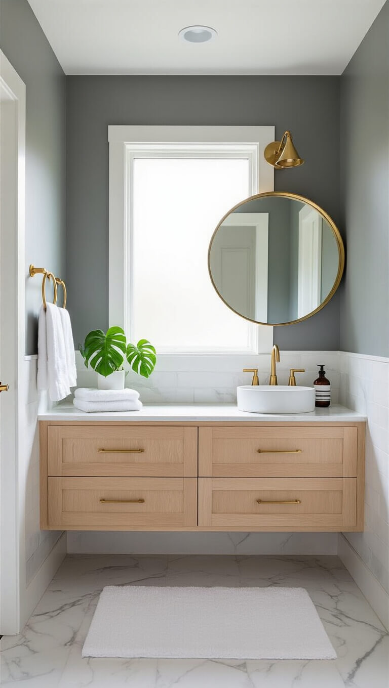 Bright contemporary 5x8' bathroom with Dove Gray walls, floating bleached oak vanity, brass accents, marble-look tiles, and morning light through frosted window.
