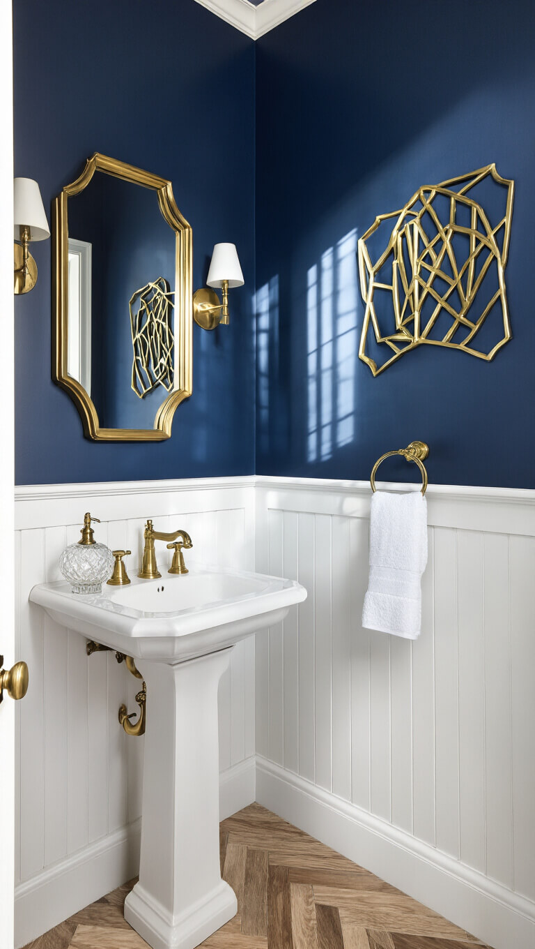 Moody navy blue powder room with white pedestal sink, brass mirror, art deco sconces, subway tile wainscoting, and herringbone marble floor.
