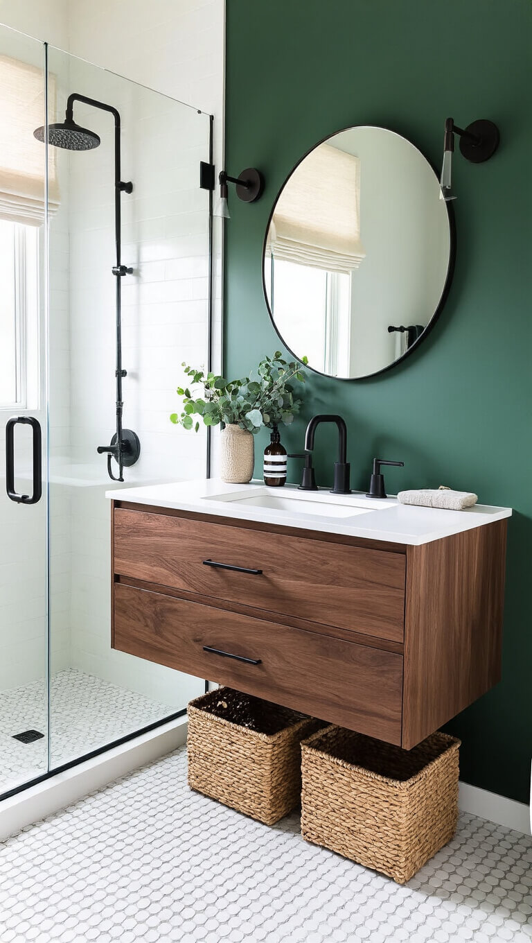 Modern 5x7 bathroom with forest green accent wall, floating walnut vanity, matte black fixtures, penny tile floor, glass shower panel, and natural light filtering through sheer roman shade.