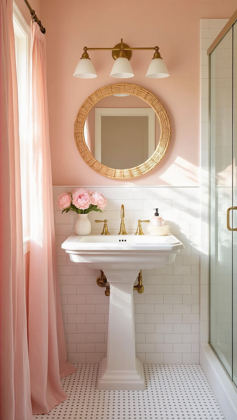 Blush pink 4x6 bathroom with white subway tiles, vintage pedestal sink, round rattan mirror, brass fixtures, and pink ombré accents in soft golden light.