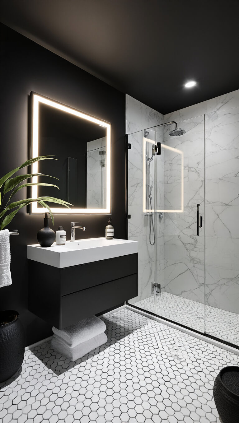 Moody 6x8 bathroom with matte black walls, white marble hex tile floor, modern vanity, LED mirror, glass shower, chrome fixtures, and minimalist décor.